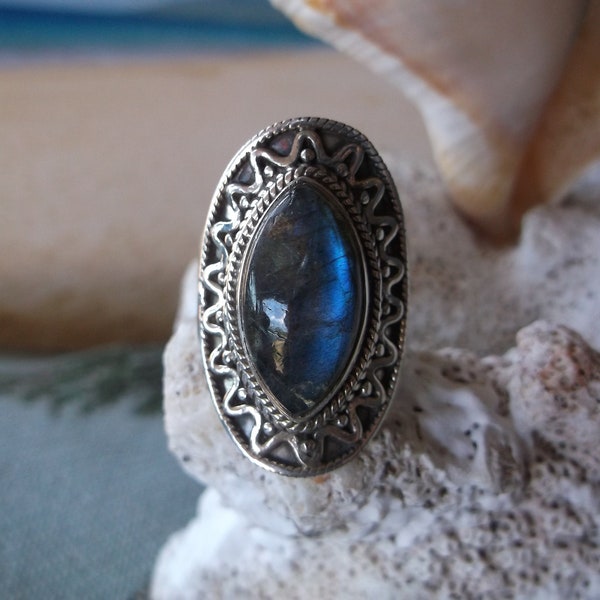 Spectrolite Labradorite Sterling Ring Size 8 , Strength and Protection..A Magical Stone that protects the Aura with Shamanic Vibrations