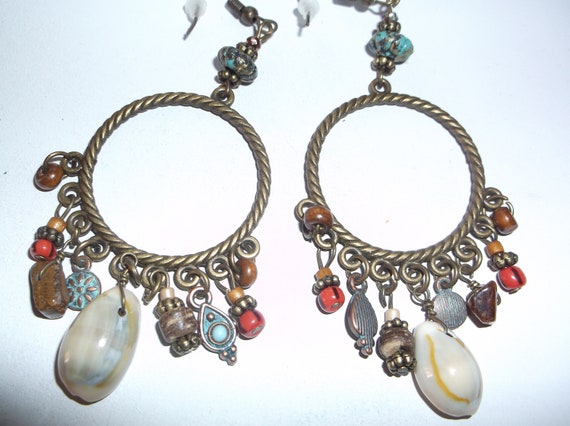 Island Gypsy Bohemian Hoop Earrings...Cowrie Shells and charms dangle from exotic hoops