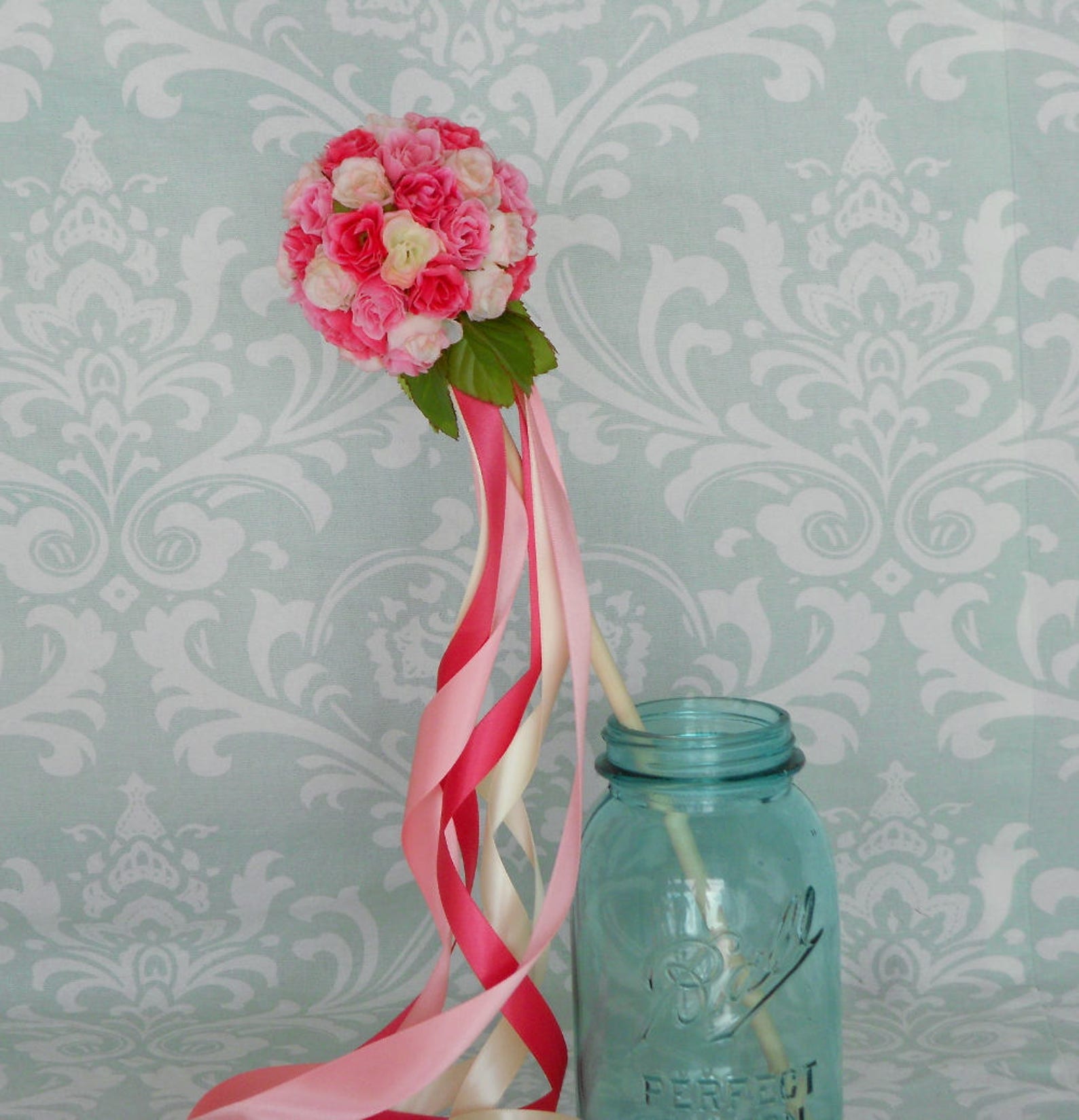 Bright Pink Rose Flower Girl Ribbon Wand Small Etsy