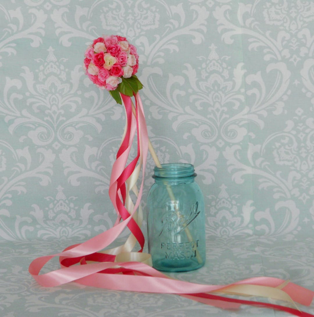Bright Pink Rose Flower Girl Ribbon Wand Small Etsy