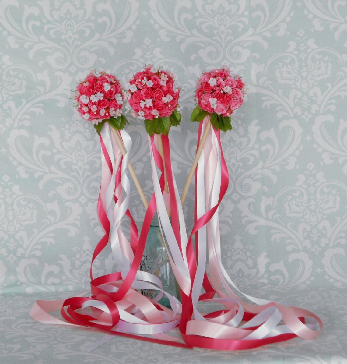 Bright Pink Rose Flower Girl Ribbon Wand Small Etsy
