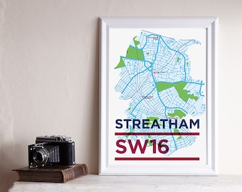 SW16, Streatham, A3 Print, London Postcode, Postcode Print, South East London, London Map, London Print, South London Print, A3 Print