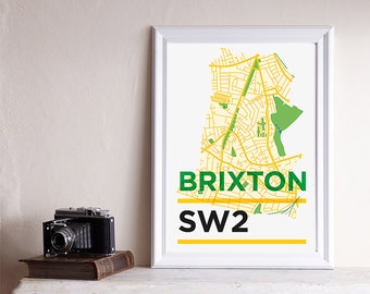 SW2, Brixton, A3 Print, London Postcode, Postcode Print, South East London, London Map, London Print, South London Print, A3 Print