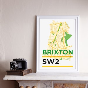 SW2, Brixton, A3-Druck, London Postleitzahl, Postleitzahl Druck, Südosten London, London Karte, London Druck, South London Print, A3-Druck