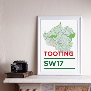 SW17, Tooting, A3-Druck, London Postleitzahl, Postleitzahl Druck, Südwest-London, London Karte, London Druck, South London Print, A3-Druck