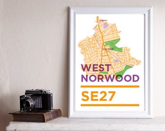 SE27 Print / West Norwood Print, South East London, London Map, A3 Print, London Print, South London Print, West Norwood Feast