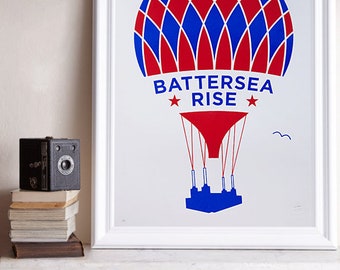 Battersea Rise A2 Screenprint / Battersea Power Station Screenprint, Hot Air Balloon Poster, Graphic Poster, Graphic Art, London Screenprint