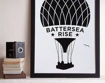 Battersea Rise A2 Screenprint / Battersea Power Station Screenprint, Hot Air Balloon Poster, London Screenprint, Black Screenprint
