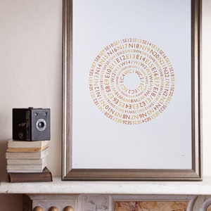 以下が含まれることがあります： 白い背景に、ロンドンの郵便番号が螺旋状に円形にデザインされた額装されたプリント。郵便番号はオレンジと茶色の色合いです。