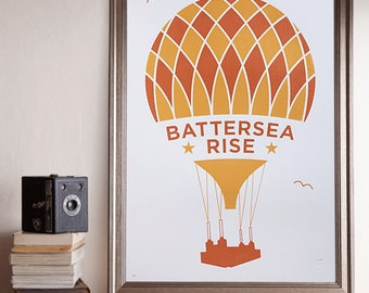 Battersea Rise A2 Screenprint / Battersea Power Station Screenprint, Hot Air Balloon Poster, Graphic Poster, London Screenprint
