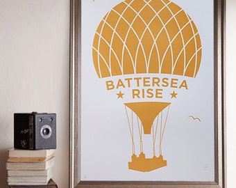 Battersea Rise A2 Screenprint / Battersea Power Station Screenprint, Hot Air Balloon Poster, Graphic Poster, Graphic Art, Gold Screenprint