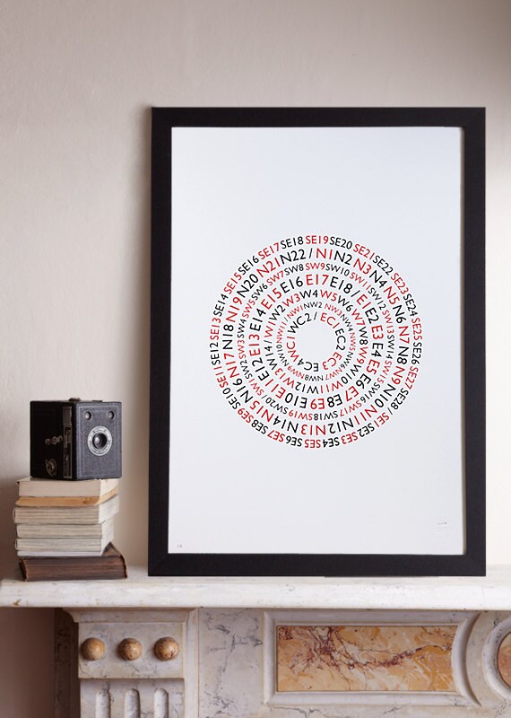 Postcode Lottery A2 Screenprint / London Screenprint, London Poster, London Postcodes, Postcode Screenprint, Graphic Screenprint