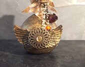 Decorative Bottle , Shabby Chic Decor, Altered Bottle, Embellished Bottle, Antique Gold Steampunk Decor, Mixed Media Art Collage