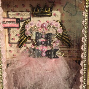 May include: A pink and gold shadow box with a crown, wings, and a tutu. The box has a pink tulle skirt and a black ribbon with the letters "1.m.o.p.o.  !  1  ]^  abc  1  m  agr" on it. The box also has a pink and white floral pattern.