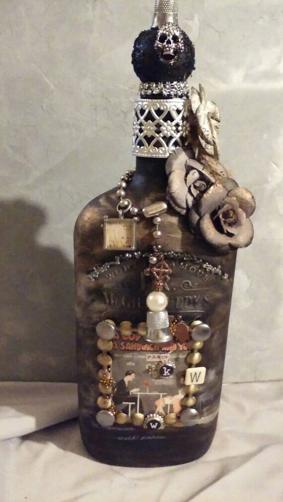 Repurposed Bottle Gargoyle Keyhole Distressed Fantasy Altered Bottle Decorative Bottle Gothic Mixed Media