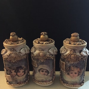 Set of Three Antique White Angel Mason Jars, Shabby Chic Decor, Storage Jars, Cherub Decor, Nursery Storage, Christmas Keepsake Gift image 1