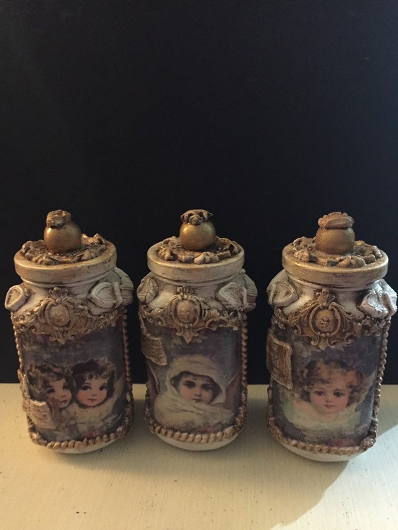 Set of Three Antique White Angel Mason Jars, Shabby Chic Decor, Storage Jars, Cherub Decor, Nursery Storage, Christmas Keepsake Gift image 1