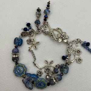 Blue and Silver Floral Butterfly Gemstone and Crystal Handmade Beaded Bracelet, Elegant Multi Strand Sparkling Chunky Statement Bracelet
