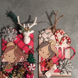 Set of two, Christmas tags, mixed media collage art tags, hang tags, holiday gift tag, altered art tags, stocking stuffers, office gift