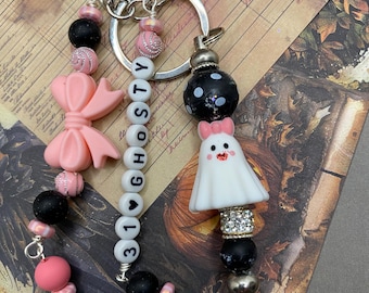 Personalized Halloween Pink Ghost Keychain  Purse Charm with Bow