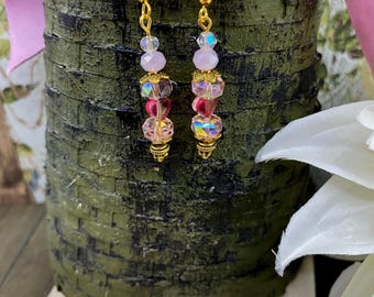 Gold Pink Crystal Heart Earrings, Elegant Beaded Czech Glass Earrings, Dainty Drop Earrings, Birthday Gift, Old World Style Jewelry
