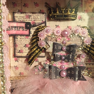 May include: A pink tulle tutu with black and white ribbon bows and a gold crown. The tutu is decorated with pink and white flowers and pearls. The text "1 mopo" and "abc" is visible on the ribbons.
