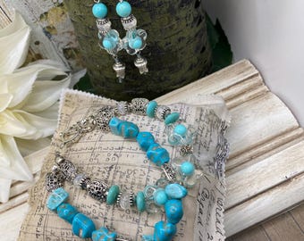 Double Strand Turquoise Bracelet and Earring Set with Clear Acrylic Turquoise Retro Flowers, Turquoise Nuggets and Silver Accents, Gift Set