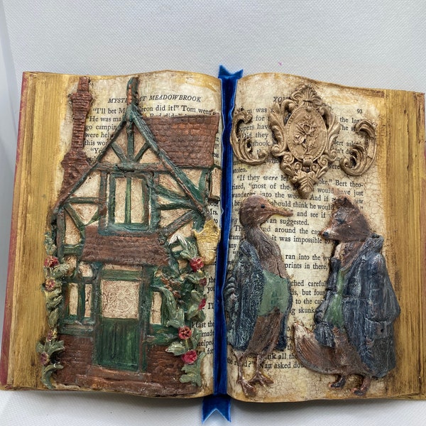 Mixed Media Art Book, Altered Decoupaged Book, Fairytale Decor, Keepsake Gift, Fox and Goose Decor