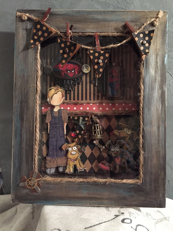 Shadow Box Miniature Diorama, Spider Man, Mixed Media Shadow Box