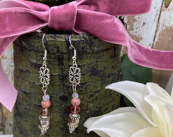 Silver Pink Crystal Heart Earrings, Elegant Rhodonite Beaded Czech Glass Earrings, Dainty Drop Earrings, Birthday Gift, Old World Style