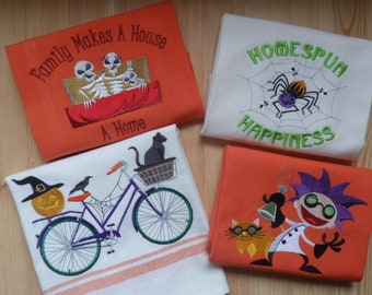 Embroidered HALLOWEEN Variety Kitchen Towels, Bicycle, Skeletons, Spider Decorative Towels