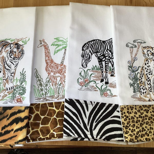 SAFARI ANIMALS Embroidered Kitchen Towels, Home Decor Decorative Towels, Zebra, Giraffe, Big Cats Embroidery, Towels with Matching Hem
