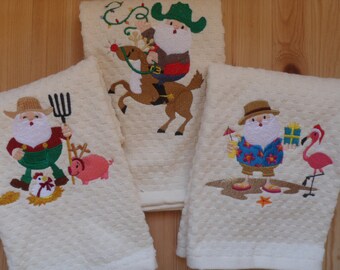 Embroidered Ivory Waffle Terry Hand Kitchen Tea Towels SANTA CLAUS Beach, Farmer, Reindeer, Christmas Kitchen Towel