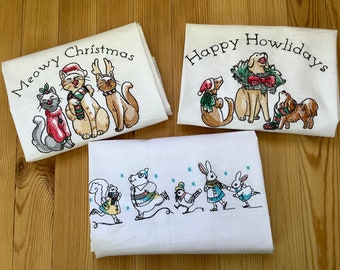 Embroidered 18x28 Flour Sack Kitchen Towels Choice, CHRISTMAS CRITTERS, Dogs Cats Skating Hippo, Decorative Kitchen Tea Towel