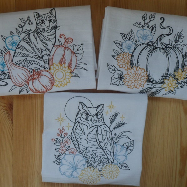 Variety Embroidered 18x28 Flour Sack Kitchen Towels NOT SO SPOOKY Autumn Theme, Owl, Pumpkin, Cat, Decorative Kitchen Tea Towels