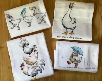 Embroidered 18x28 Flour Sack Kitchen Towels BIRDS Chickens, Geese, Choice, Decorative Kitchen Tea Towels