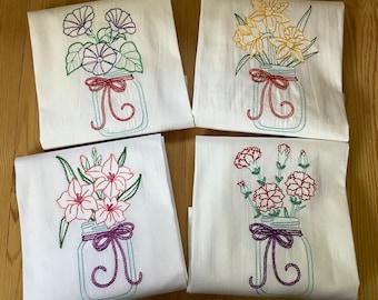 Embroidered 18x28 Flour Sack Kitchen Towels FLOWERS in MASON JARS Choice, Decorative Kitchen Tea Towels