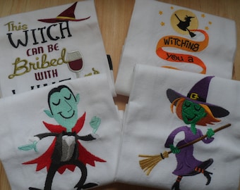 Embroidered HALLOWEEN White Kitchen Towels - Choice - Dancing Witch and Vampire, Witch Sayings Towels