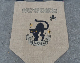 Indoor Wall Art EMBROIDERED Burlap Flag Banner with Wooden Rod "SPOOKY" HALLOWEEN Black Cat