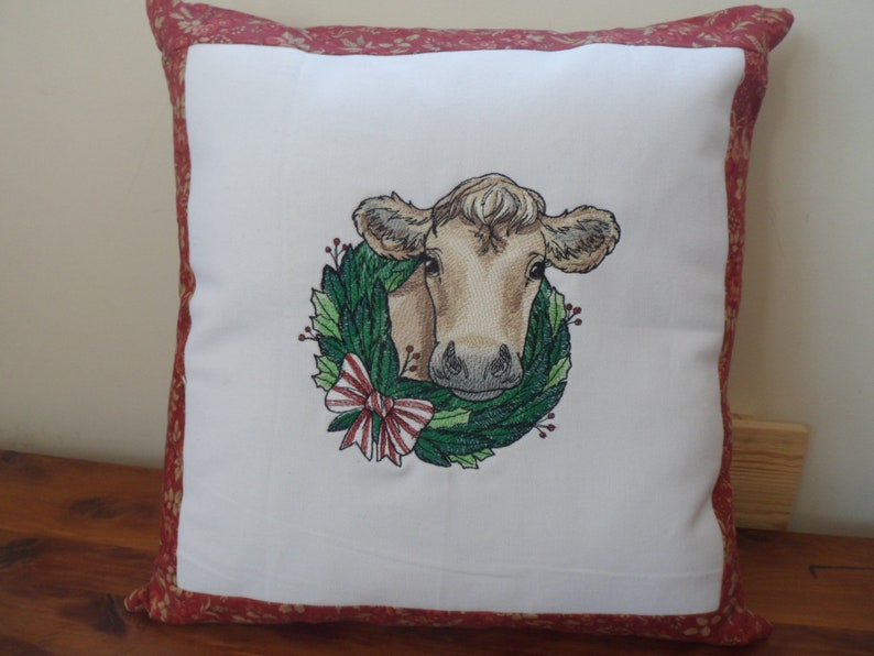 Handmade Embroidered CHRISTMAS COW in WREATH 15 Square Accent Throw Pillow