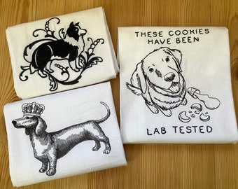 Embroidered 18x28 Flour Sack Kitchen Towels BLACKWORK DOGS, Lab, Sheltie and Dachshund,Decorative Kitchen Tea Towels