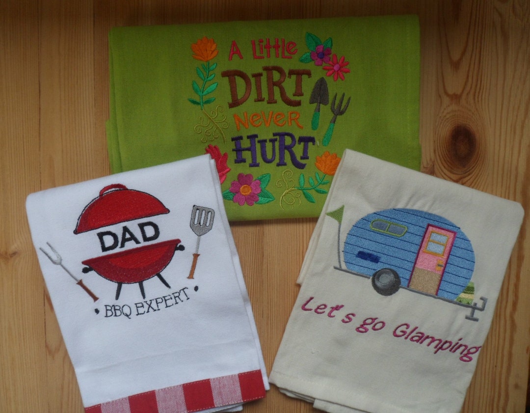 Embroidered SUMMER THEME Kitchen Towels Choice BBQ, Camping Gardening