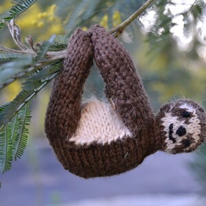 May include: A brown and white knitted sloth hanging from a branch. The sloth has a white belly and black eyes.