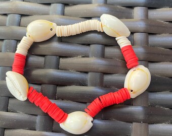 One Handmade Beach-themed Bracelet with Natural Shells and Clay Beads.    (YC#37) by C.J.                         -FREE SHIPPING