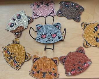 Eight Handmade Cat-themed Diamond Art Coasters.    (YC#36). By H.E.  FREE SHIPPING