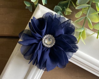 Navy Chiffon Rhinestone Flower Clip