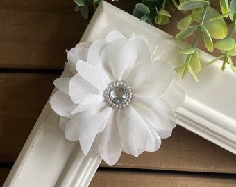 White Chiffon Rhinestone Flower Clip