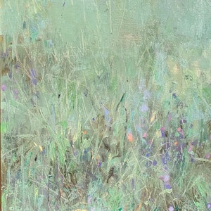 May include: A painting of a field of green grass with a few trees in the background. The grass is painted in a loose, impressionistic style, with strokes of green, blue, and purple. The trees are also painted in a loose style, with strokes of green, brown, and gray. The painting is signed "Gary R 24" in the lower right corner.