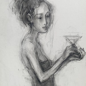 Dibujo Original en Carboncillo, Figura, Mujer, Miniatura, Clásica, "El Tiempo de Margarita", 9.5" x 7", carboncillo sobre cartón, por Grigor Malinov