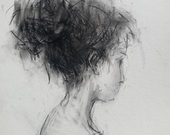 Original Drawing in Charcoal, Figure, Female, Miniature, Classical, "In Her Thoughts", 9.5" x 7", charcoal on cardboard, by Grigor Malinov
